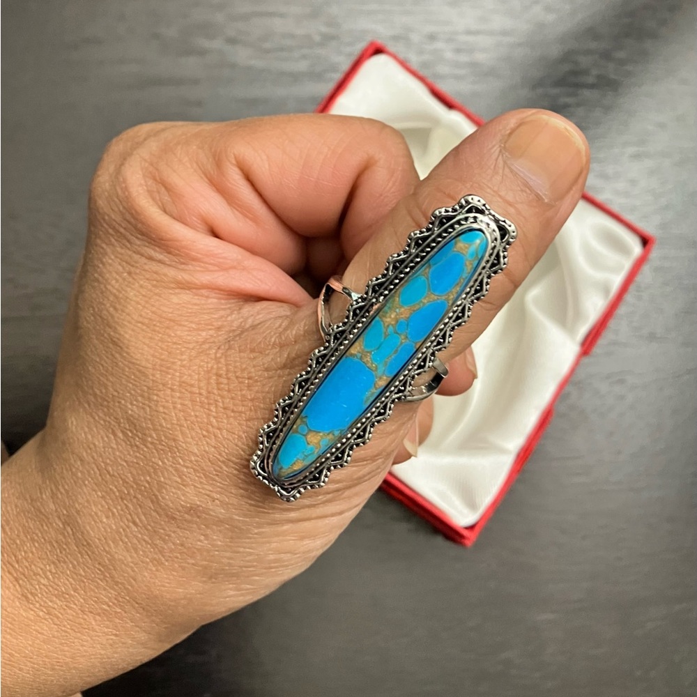 Silvertone Long Oval Inlaid Mosaic Turquoise w gold  matrix Costume Ring Size 7